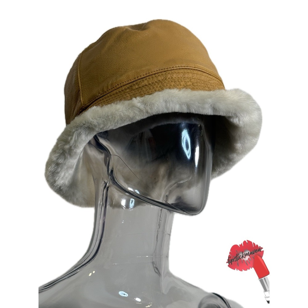 Wilsons Leather Bucket Hat Cap S/M Tan Sherpa Lined Leather